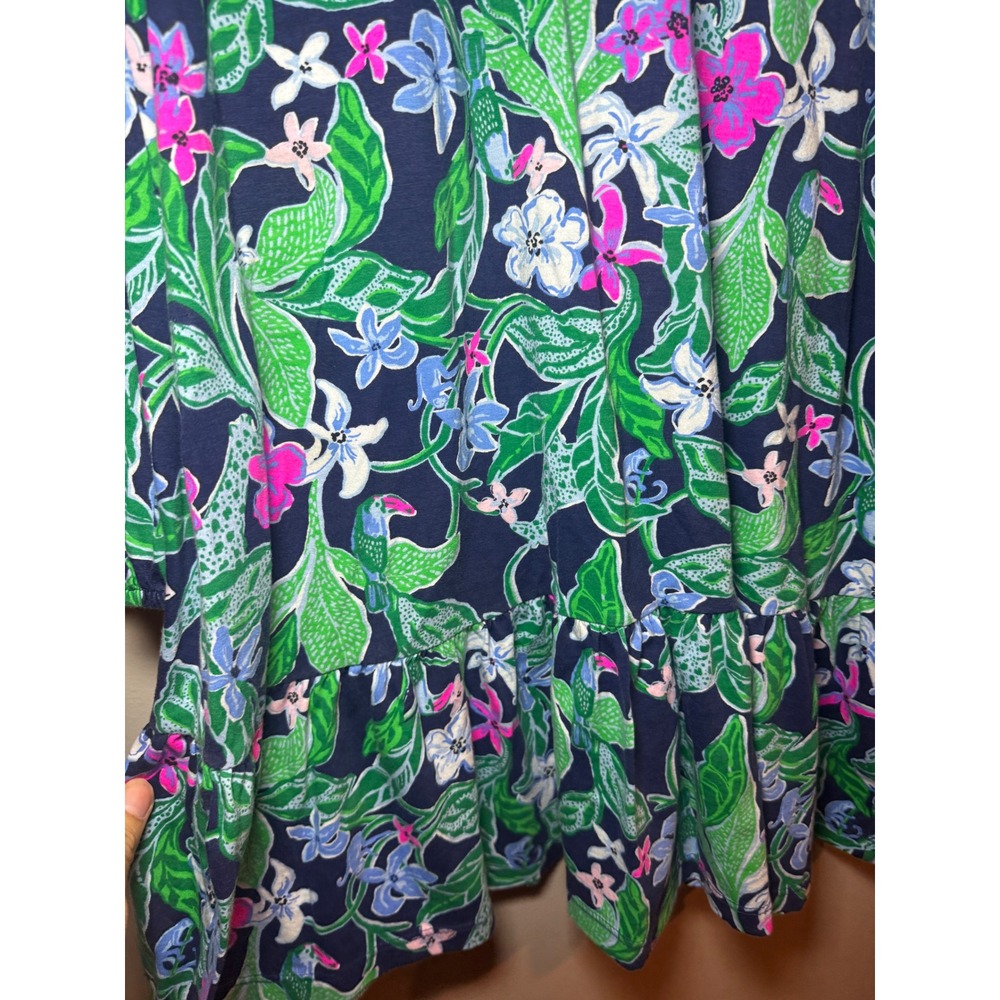 Lilly Pulitzer "Alyssa" Navy Blue Floral Toucan Cotton Knit Ruffle Hem Dress XS - Picture 4 of 7